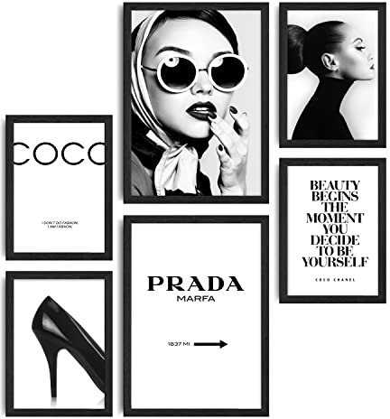 decomonkey 6er Poster Set schwarzer Rahmen, Fashion Glamour, 4x A4 & 2x A3 | 4x DIN A4 & 2x DIN A3, Abstrakt, Wohnzimmer, Schlafzimmer, Wandposter, Bilder, Collage, Modern, Wanddeko, Sprüche, Mode, Weiß