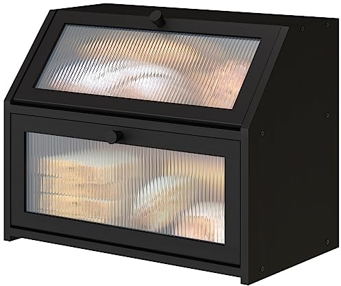 Vriccc Black Bread Box for Kitchen Counter, Large Bamboo Wood Double Layer Bread Box, Wooden Bread Storage Capacity