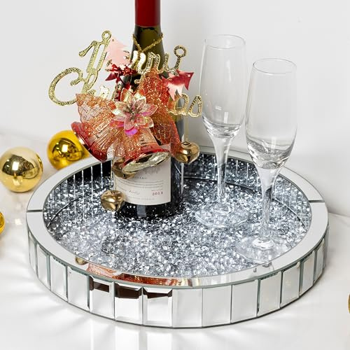 Plateau décoratif, plateau rond en argent écrasé avec strass écrasés, superbe plateau de présentation, organisateur de bijoux pour commode, table basse, pouf de chambre à coucher (35,6 x 35,6 x 5,1