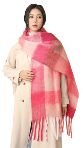 Wambere Damen Schal, Kariert übergroßer Winter SchaltuchKaro Schultertuch Plaid Deckenschal Modeschal Weich Warm Strickschal Oversized Herbstschal Warme Winter Stola mehrfarbig,Rosenrot