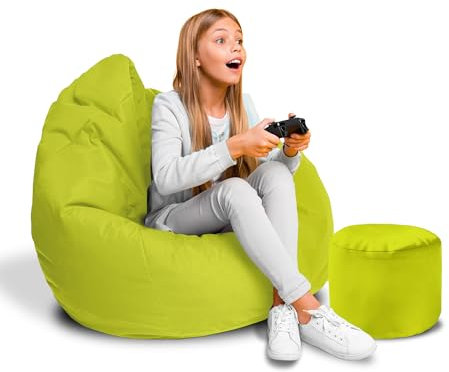 DreamRoots Sitzsack für Kinder und Erwachsene - Sitzsack mit Füllung, Lehne, Hocker und Bezug - Oxford Stoff 220 gr/m2 Wasserdicht - Sitzkissen Boden - Chill Sack S, Leuchtendes Grün