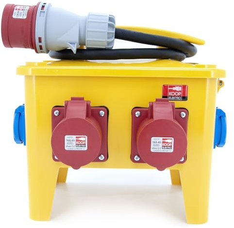KOOP Elektro Scatola di distribuzione per cantieri con FI/LS, distributore portatile 7 uscite (1 CEE 32A / 2 CEE 16A / 4 x 230V), distributore di corrente mobile IP44 con cavo da 1,5 m H07RN-F 5G
