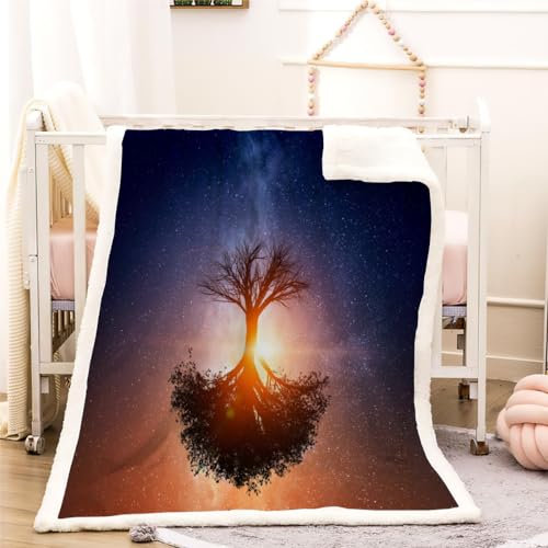 Lebensbaum Kinderdecke Wohndecke Sternenklarer Himmel Flanell Fleece Kuscheldecke Flauschig 100x130cm Weiche Warme Sherpa Decke Gemütlich Leicht Sofadecke für Mädchen Jungen Couch Bett Decke