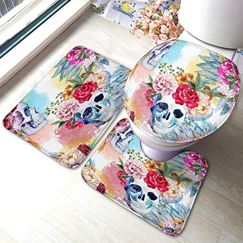 Set 3 Teilig Badvorleger Totenkopf Und Blume Aquarell Pfingstrose, Boho Blumen Kranz Badgarnitur Badematten Weiche Wasserabsorbierend Badematte Und Wc-Vorleger-Set, Für Badewanne, Wohnzimmer