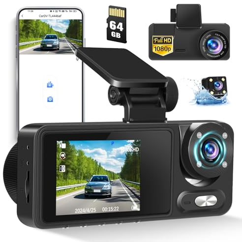 1080P Dashcam Voiture Avant arrière et intérieur WiFi avec contrôle APP, Grand Angle 3 Canaux avec SD 64G, Caméras Avant et Arrière avec Vision Nocturne Infrarouge, G-Sensor, Enregistrement en Boucle