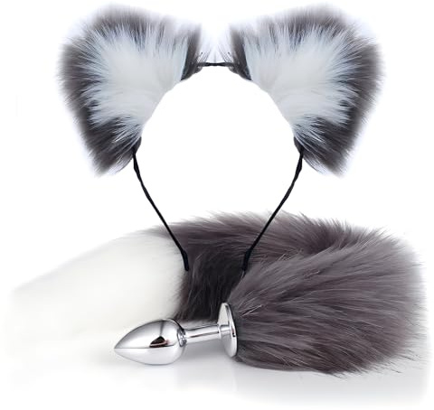 Edelstahl Analplug mit Fuchsschwanz und Plüsch Katze Ohren Stirnbänder Haarschmuck, Faux Fox Tail ButtPlug Sexspielzeug, Sexy Cosplay SM Erotik Sexspielzeug Für Frauen Paare Exotisch Geschenk (Grau)