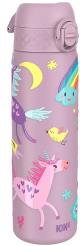Ion8 Vacuum Insulated Steel Water Bottle, 500 ml/17 oz, Leak Proof, Easy to Open, Secure Lock, Dishwasher Safe, Fits Cup Holders, Carry Handle, Scratch Resistant, Metal Water Bottle, Lilac Unicorns