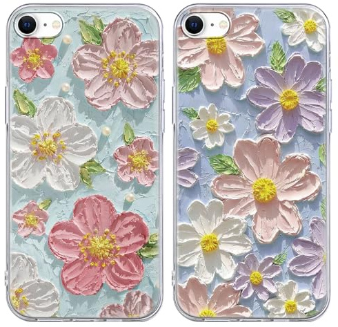 Yoedge 2 Stück Blume HandyHülle für iPhone 8/7 / SE 2020 / SE 2022 Hülle 4,7, Schutzhülle für iPhone SE Case Blumen Öl auf Leinwand Aesthetic Mädchen Frauen Geschenk Weich Silikon Stoßfest Cover