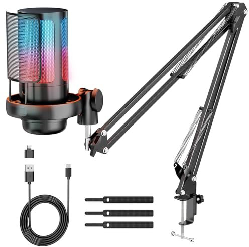 Anykuu USB Gaming Mikrofon Plug&Play Kondensator Mikrofon PC für Gaming Streaming Podcasting Videokonferenzen mit USB-C Adapter & 1,5 m Datenkabel für PC/Laptop, PS4/PS5, IOS/Windows/Android