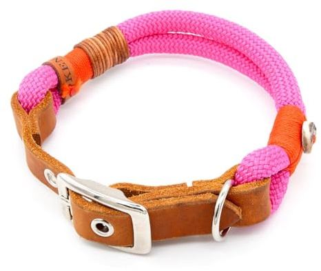 Hundehalsband aus Tau & edlem Leder | Pink Lemonade | verstellbar & robust | Elegantes, handgefertigtes Design | Halsband Hund für mittelgroße & große Hunde mit Schnalle – pink