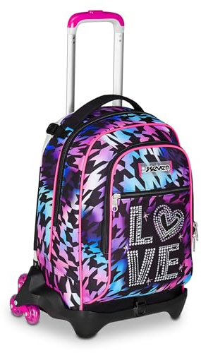 Seven Schultrolley Jack mit 3 Rädern, Violett Fuchsia, Rucksack mit abnehmbarem Wagen 34 l, Tasche Trinkflasche und Crossover System, handlich, robust, für Grund- und Mittelschule, Mädchen