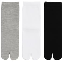 3 Paires de Chaussettes Japonaises Tabi Femme – Chaussettes à Bout Fendu en Coton Respirant – Idéales pour Tongs, Sandales, Geta – Taille unique 36-39 (Noir, Blanc, Gris)