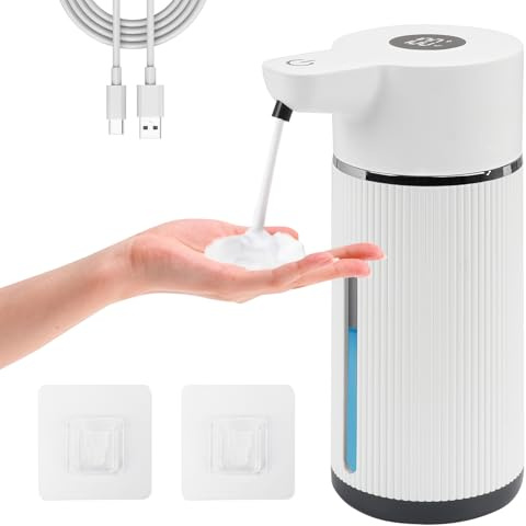 GAESHOW Automatisk tvåldispenser 420 ml elektrisk tvåldispenser väggmontering, 4 steg justerbar, IPX5, USB-C uppladdningsbar skumtvåldispenser för badrum, kök, skola, hotell (vit)