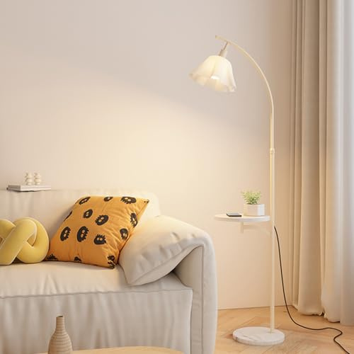 Labasuan Lámpara de pie con mesa, lámpara de pie arqueada de estilo Mid Century Modern, lámparas de luz cálida para mesita de noche, altura ajustable, lámpara de pie de metal(White)