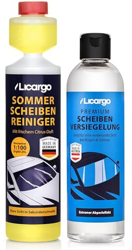 LICARGO® Scheibenpflege Set – Scheibenversiegelung Auto (250ml) + Scheibenwischwasser Konzentrat – Abperleffekt, klare Sicht & Schlierenfreie Reinigung – Regenabweiser & Sommer Scheibenreiniger