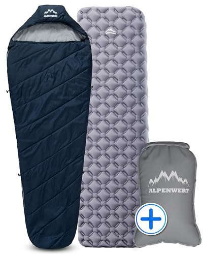 Alpenwert Set per dormire da esterni, sacco a pelo + materassino ultraleggero + sacco a pompa, 7,5 l, materasso gonfiabile, sacco a compressione per campeggio, escursionismo e trekking, compatto e