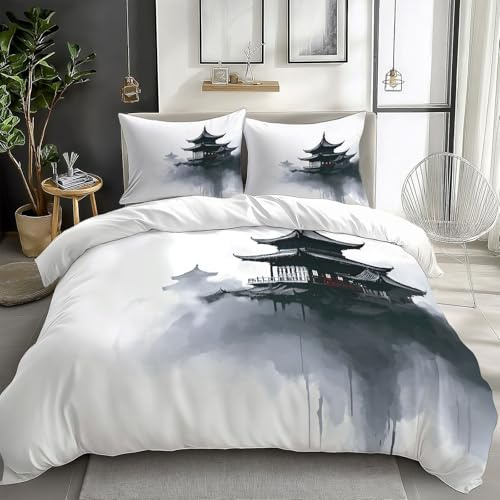 Set Copripiumino 135 x 200 cm, Copripiumino singolo in Microfibra Con Motivo Stile Cinese Minimalista Nuvole Padiglione Crema, Morbido e traspirante, antipiega e resistente allo sbiadimento