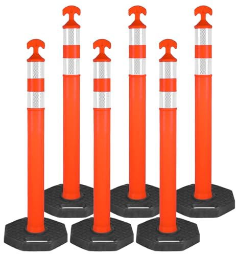 ELLUMIN 42 Traffic Delineator Posts,6 Pack Orange Safety Cones with Reflective Collars and Weighted Base for Road Safety, Parking Lots
