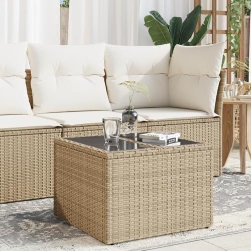 HaoChrymec Gartentisch mit Glasplatte Beige, PE-Rattan, Pulverbeschichteter Stahlrahmen, Beistelltisch für Garten und Balkon, Loungetisch Outdoor, Wetterfest, 55 x 55 x 37 cm