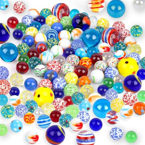 Pluvyze 100 pezzi Biglie di Vetro,14 mm + 16 mm + 25 mm, Biglie di Vetro Colorate Anni 80