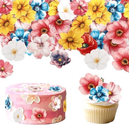 54 Pack Edible Flowers Cake Toppers Wafer Paper Flower Cupcake Toppers Hawaiian Flowers Cake Decorations Mixed Size for Tropical Luau Themed Birthday Baby Shower Party Food Decor Supplies