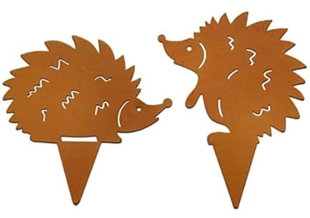 Lawnoval Set of 4 Rustic Garden Stakes in Rusty Metal Hedgehog Design for Autumn Outdoor Decoration, Weatherproof Animal Silhouette Ornaments for Garden Patio Lawn Yard Balcony or Tree Display, Durabl