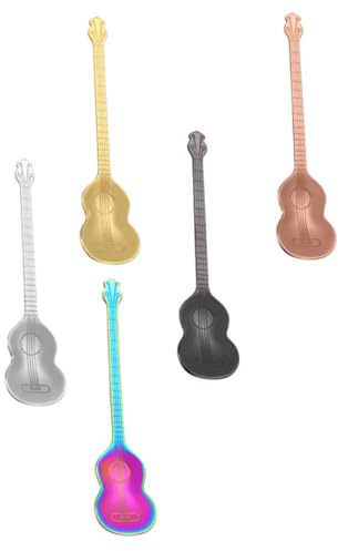 SEWACC Lot De 5 Cuillères à Café Créatives Motif Guitare En Acier Inoxydable 5 Couleurs Assorties Poignée Ergonomique Pour Restaurant Café Dessert Et Repas
