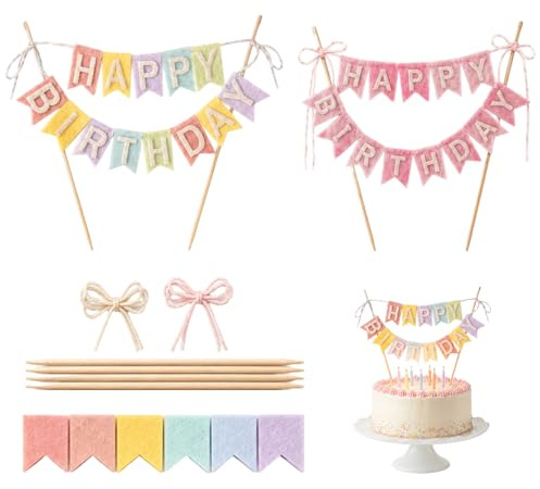 JOVYTH Happy Birthday Tortendeko Set, 2 DIY Filz Kuchen Topper, Bunte Girlande und Rosa Wimpelkette, Wiederverwendbar Für Geburtstagsfeiern Von Kindern