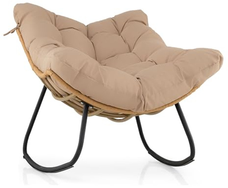 COSTWAY Sedia a Dondolo da Esterno, Poltrona in PE Vimini con Cuscino Rimovibile, Poltrona Relax in Rattan con Struttura in Metallo, per Soggiorno, Balcone, Giardino, Portata 140 kg (Marrone)