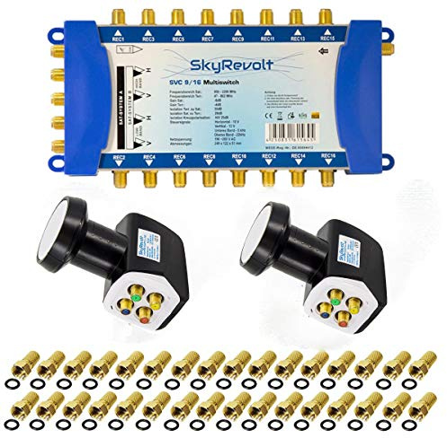 SkyRevolt Multischalter 9/16 Set 2X Quattro LNB 32x F-Stecker 2 SAT für 16 Anschlüsse Satverteiler Digital HDTV FullHD 4K UHD 8K