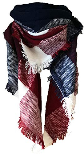 Wander Agio Womens Warm Scarf Triangle Shawls Large Scarves Stripe Plaid Fichu Big Dark Blue Purplish Red 23