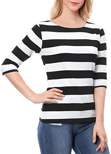 Allegra K Women's Elbow Sleeves Top Casual Boat Neck Slim Fit Stripe T-Shirt Black White 8