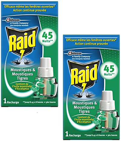 RAID Lot de 2 Recharge parfum Eucalyptus pour Diffuseur Electrique Réglable 45 Nuits action rapide et efficace contre moustiques moustiques tigres