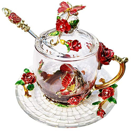 LANTREE Crystal Coffee Cup Tea Cup with Lid Spoon Saucer Unusual Birthday Gift Grandma Mum Tealover Gift Home Decoration(330ml Red)