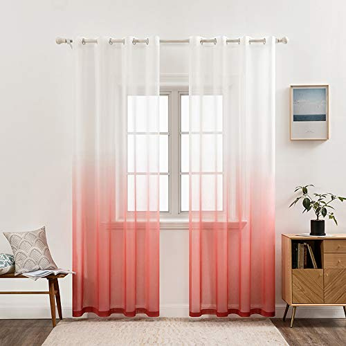MIULEE Farbverlauf Voile Vorhänge Ösen 2er Weiß-Rot 140x145cm | Farbverlauf transparente Voile Vorhänge mit Ösen, lichtdurchlässig, modern dekorativ für Wohn- und Schlafzimmer