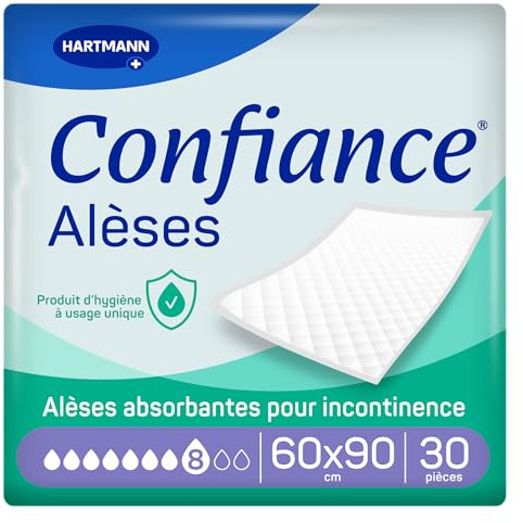 Confiance® Alèse - Alèses pour la protection de la Literie ou du Fauteuil - Niveau d'Absorption = 8 gouttes - Dimensions = 60 x 90 cm - 30 unités, Packaging May Vary