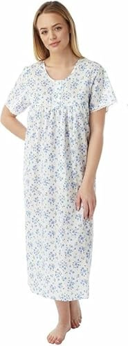 iTRONiK NEW Ladies Floral Poly Cotton Nightdress Nightie Size 10-30 Plus Size Pink Lilac or Blue (Blue, 16-18)