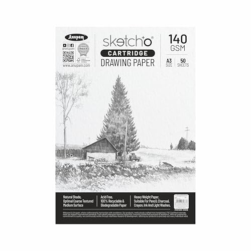 Anupam Konstnärer skiss- och ritpapper 140 GSM A3-paket med 50 för skissning och ritning med blyertspenna, kol, grafit, rödkritpastell, krita, oljepastell och vaxkrita för konstnärer och amatörer