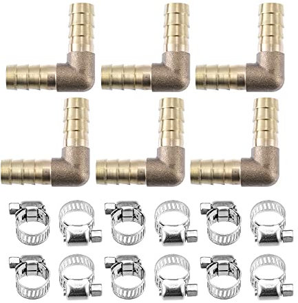 X AUTOHAUX 6Set 12mm L Shaped Hose Barb Brass Hose Fitting Connector with Clamp