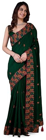 TRENDMALLS Sari Vichitra de seda bordada con blusa para mujer, Verde azulado, talla única