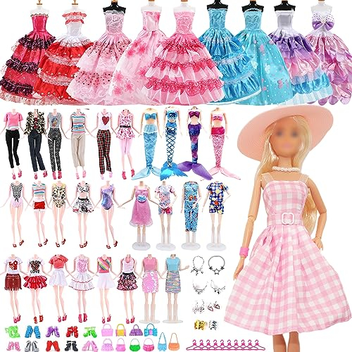 Timesun 50 Kleidung für 30 cm Puppen Puppenkleidung, 2 Prinzessinen Kleid+2 Abendkleider Kleider+2 Badenanzug+2 Meerjungfrauen Kleider+2 Top&Hosen+2 Pyjamas+Schuhe Tasche Schmuck für 11,5 Zoll Puppen