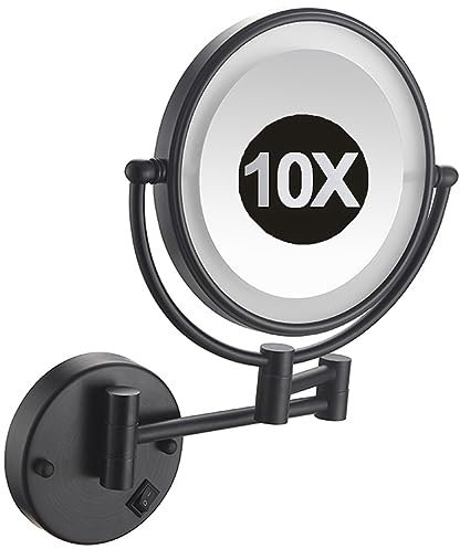 8 Zoll schwarzer LED-beleuchteter Make-up-Kosmetikspiegel zur Wandmontage mit Schalter, zweiseitiger, schwenkbarer, ausziehbarer Kosmetikspiegel mit Vergrößerung, Beauty-Rasierspiegel,Plug in,10X