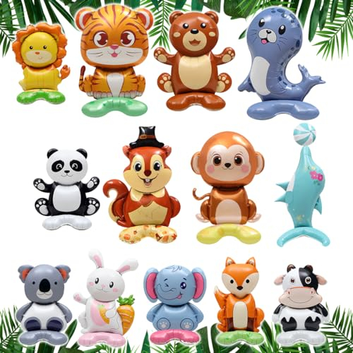 Globos de Animales del Bosque, 13PCS Gigante Selva Safari Globo Zoo Tema Globos de papel de Aluminio, Lindo Conejo Oso Zorro Elefante Mono león Panda de pie Decoraciones del Partido para el niño niña