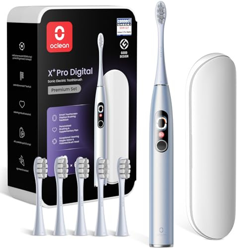 Oclean Sonic tandborste X Series Pro Digital Travel Set med pekskärm, 6 tandborsthuvuden med resväska, eltandborste med 3 lägen med timer, 30 dagars batteritid & APP, pärl silver