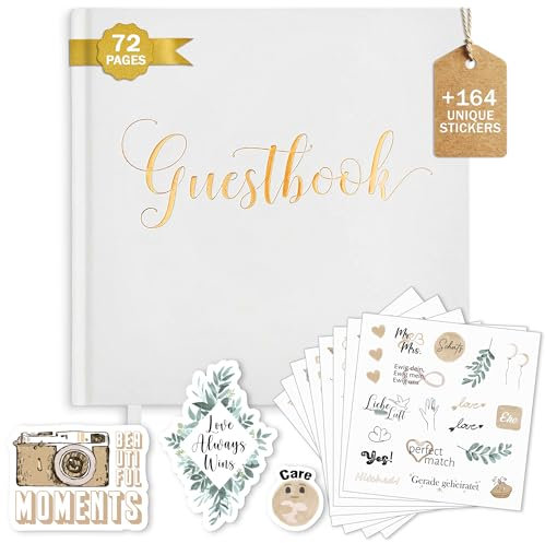 Plantvibes Libro degli ospiti per matrimonio + 164 adesivi unici per matrimonio in tedesco e inglese, 72 pagine di carta spessa di alta qualità, non spinge, stile vintage, ideale per matrimoni