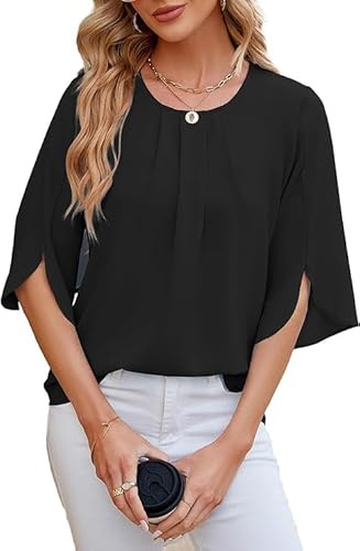 Haibang Camicia Donna Elegante a Manica a 3/4 Chiffon Blusa Girocollo Tunica Maglia Plissettata Camicetta Estiva Manica Corta Casual Colore Puro T-Shirt Top