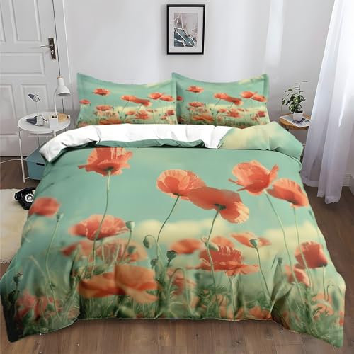 XCQHZYQ Duvet Cover Set for Kids Adults Bedroom Single 135x200 cm Plant Red Flower Bed Cover 3D Bedding Duvet Cover Soft Polycotton Bed Set, Bedding Set Quilt Cover Bedroom Decor