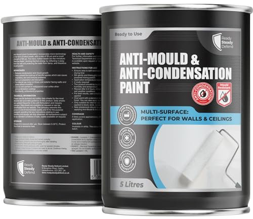 READY STEADY DEFEND Anti Mould Paint 5L - Premium Bathroom Paint, Anti Mould Protection, Stain Blocker, High Coverage Damp Seal, White Finish for Walls & Ceilings, Ideal for Bathroom & Damp Areas