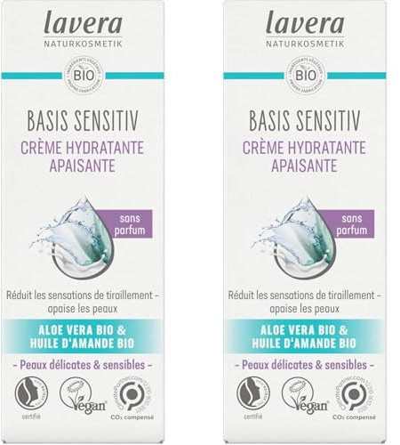 lavera basis sensitiv Beruhigende Feuchtigkeitscreme, Naturkosmetik, vegan, Bio Aloe Vera & Bio Mandelöl, feuchtigkeitsspendend, Tagespflege, parfümfrei, PETA zertifiziert, 1 x 50 ml (Packung mit 2)