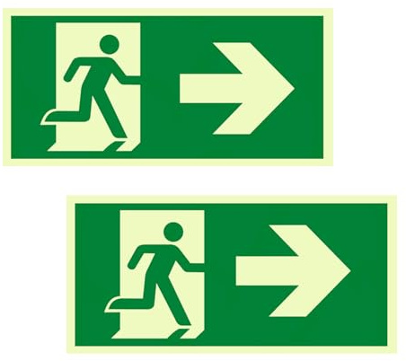 Ksvaye 2 Piezas 30 x 15cm Cartel Salida de Emergencia Homologado Autoadhesivo Luminiscente Señal de Salida de Emergencia,Ruta de Escape Señal Ruta de Rescate (Hacia Abajo) (A la derecha)